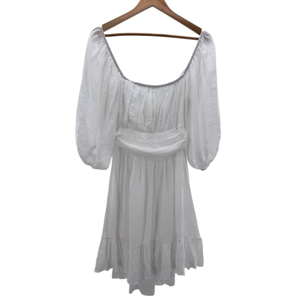 White Puff Sleeve Tie Back Ruffle Hem Mini Dress Medium Coastal Cowgirl Romantic